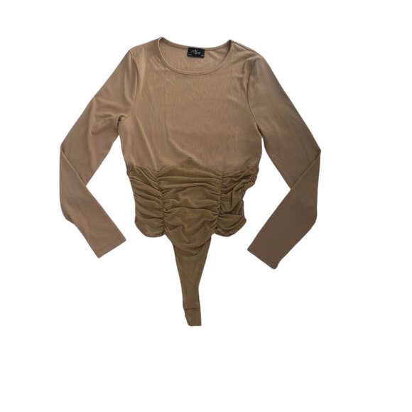 Milk & Honey Tops - ✨ NWT Milk & Honey Camel Ruched Mesh Long Sleeve Bodysuit M ✨